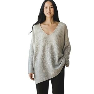 Pure Jill‎ Women's XL V-Neck Long Sleeve Knit Sweater Pullover Gray Cream